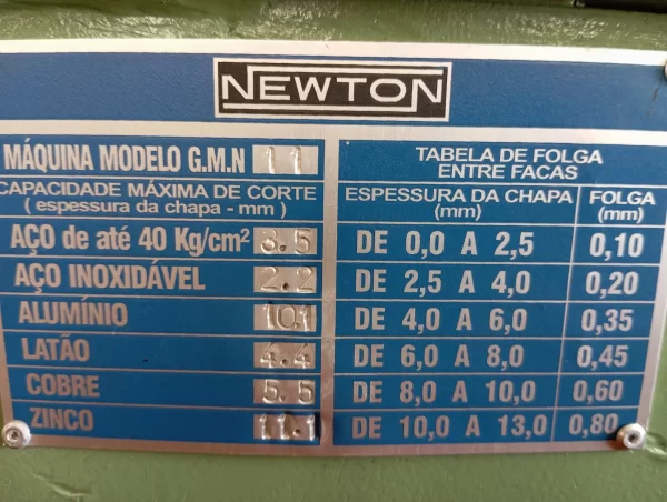 Guilhotina industrial Newton para chapas - placa de identificação