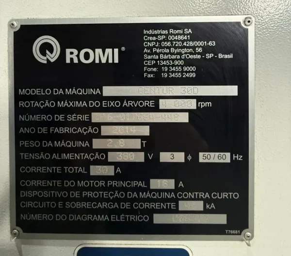 Torno CNC Romi Centur 30D Ano 2014 5 Torno CNC Romi Centur 30D Ano 2014 - placa de identificação